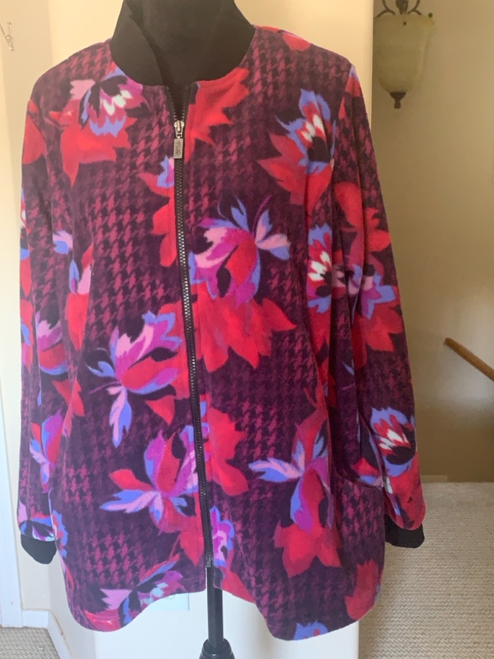 Bob Mackie Floral Houndstooth Bomber Jacket - Purple & Red - Picture 3 of 12